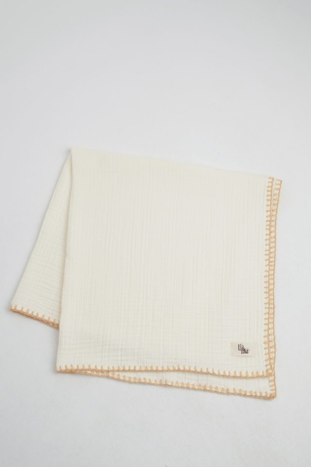 Çoban Dikişli Organik Müslin Battaniye Krem