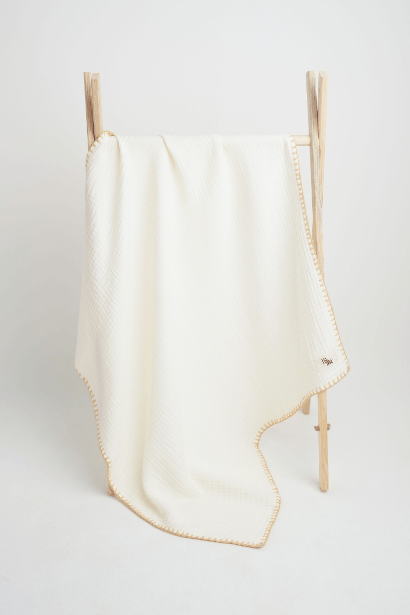 Çoban Dikişli Organik Müslin Battaniye Krem