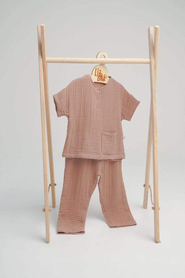 Organik Muslin Çocuk Alt Üst Takım Kahverengi