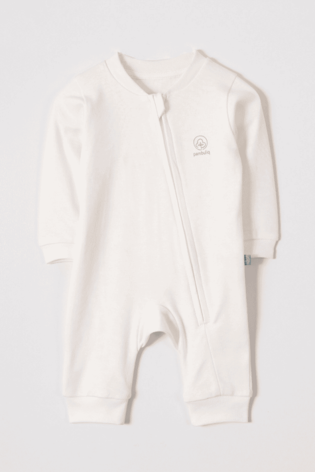 Organik Pamuk Fermuarlı Bebek Tulumu Beyaz